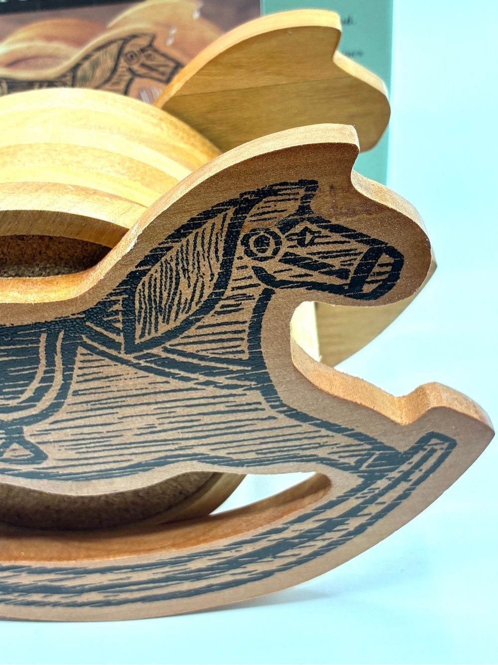 Vintage Via Eclectic Kitchen Rocking Horse Wood Coaster Set Cork 6pc - Picture 2 of 15